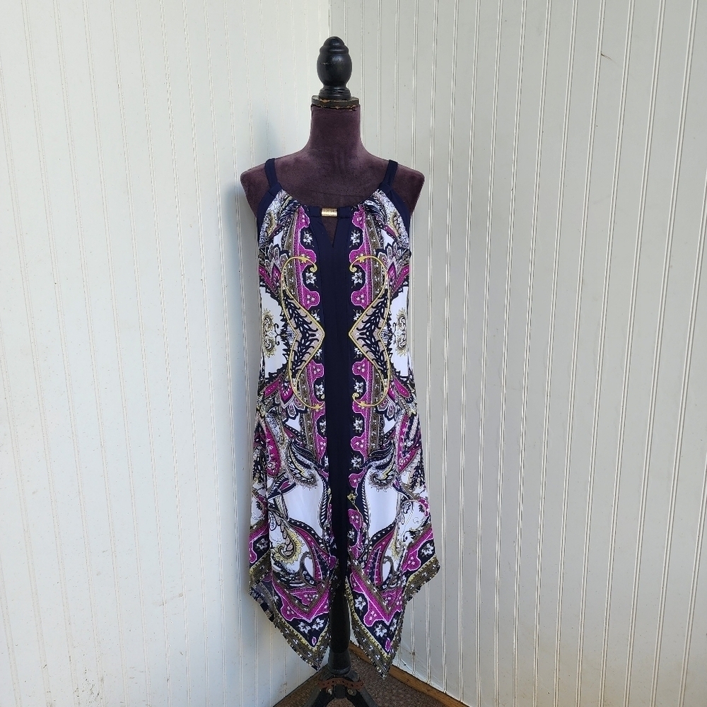 INC International Concepts Paisley Handkerchief Hem Dress Purple Navy Stretch M